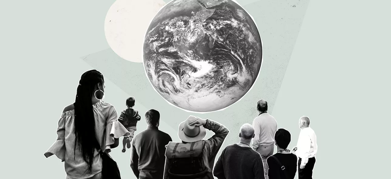 illustration with people and a world globe