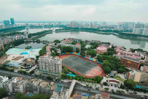 City with lakes seen from above. photo