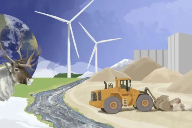 illustration föreställande jordklot, renar och vindkraftvärk